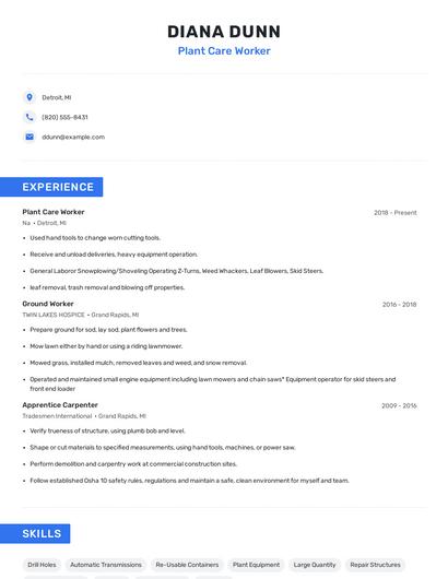 Plant Care Worker Resume