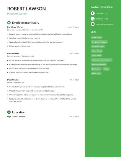 Plant Care Worker Resume