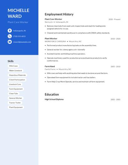 Plant Care Worker Resume