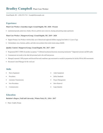 Plant Care Worker Resume