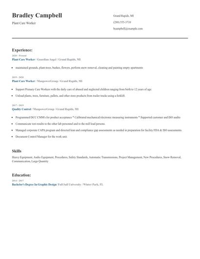Plant Care Worker Resume
