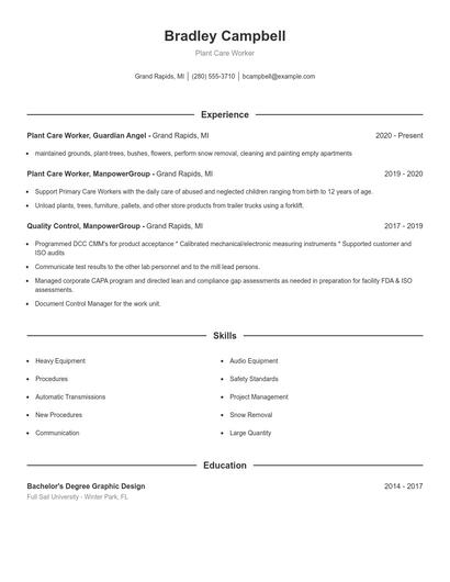 Plant Care Worker Resume