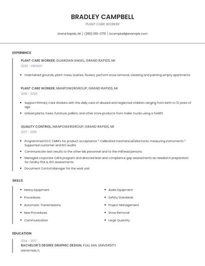 Plant Care Worker Resume
