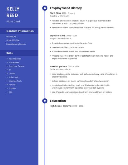 Plant Clerk Resume