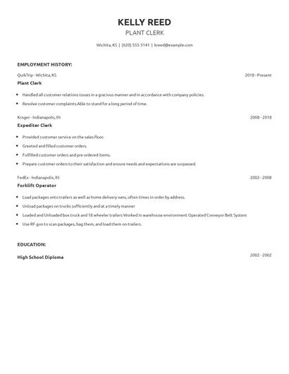 Plant Clerk Resume