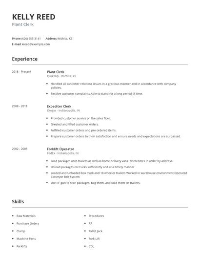 Plant Clerk Resume