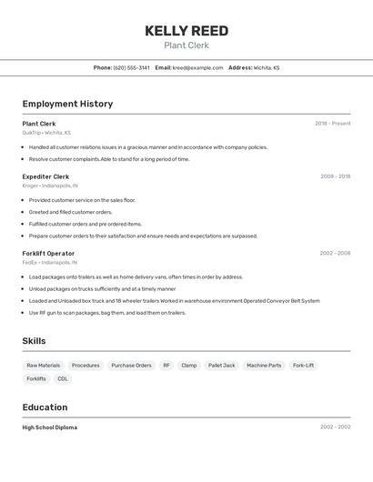 Plant Clerk Resume