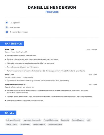 Plant Clerk Resume