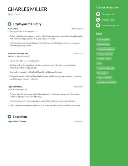 Plant Clerk Resume