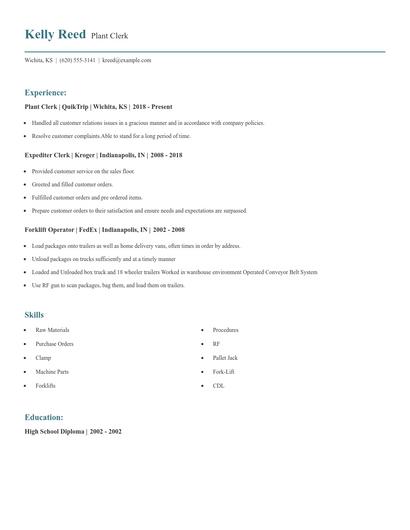 Plant Clerk Resume