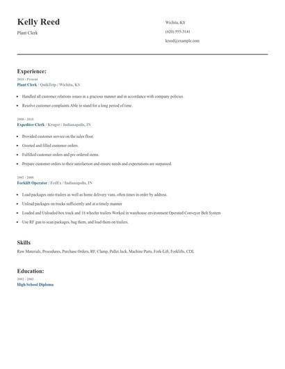Plant Clerk Resume