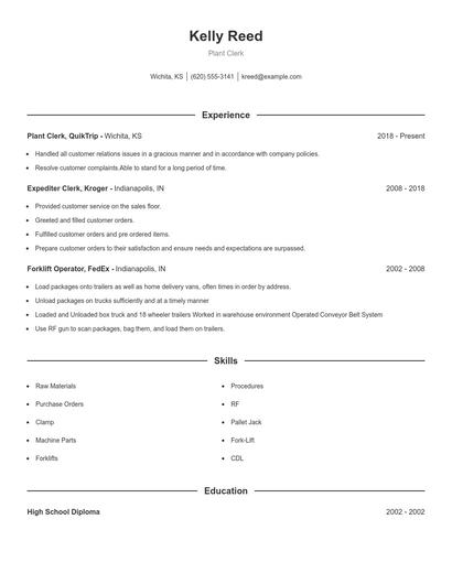 Plant Clerk Resume