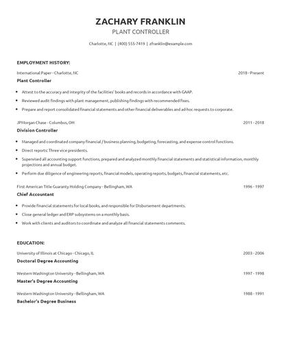 Plant Controller Resume