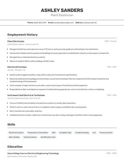 Plant Electrician Resume