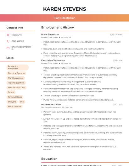 Plant Electrician Resume