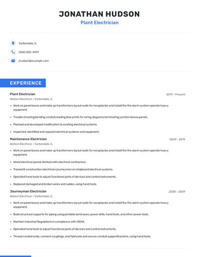 Plant Electrician Resume