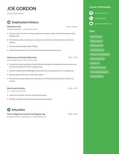 Plant Electrician Resume