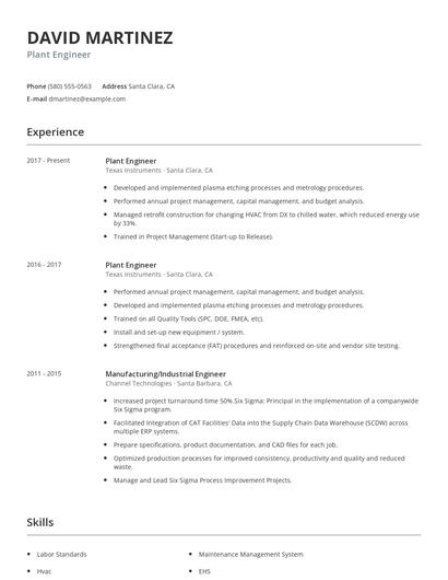 Plant Engineer Resume