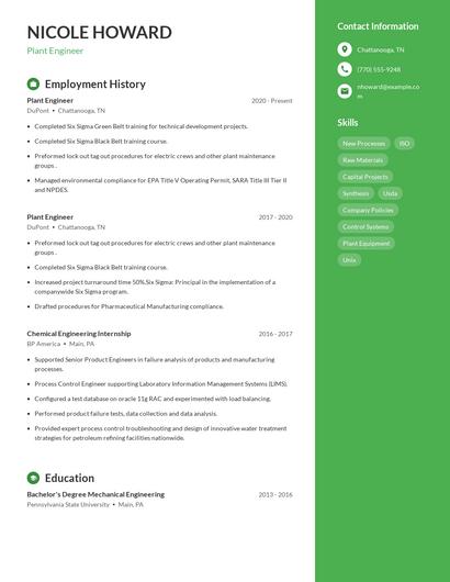 Plant Engineer Resume