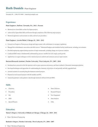 Plant Engineer Resume