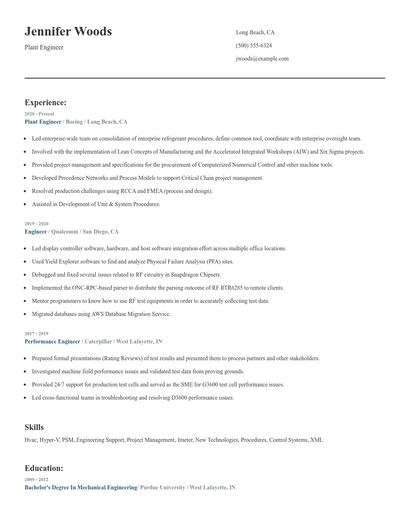 Plant Engineer Resume