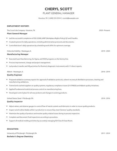 Plant General Manager Resume