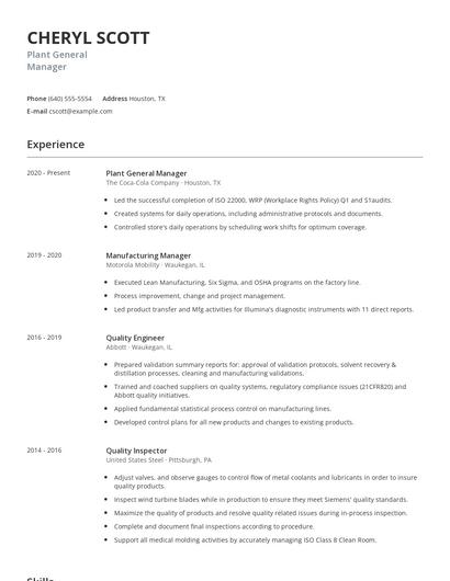 Plant General Manager Resume