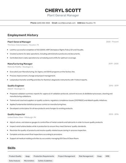 Plant General Manager Resume