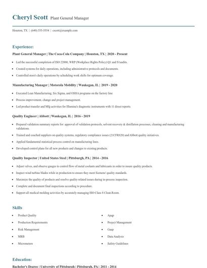 Plant General Manager Resume