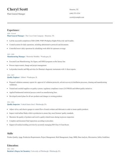 Plant General Manager Resume