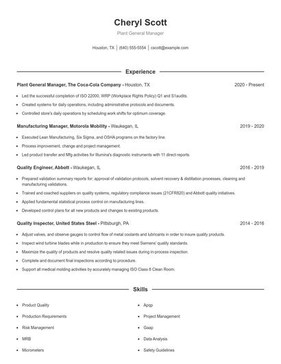 Plant General Manager Resume