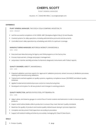 Plant General Manager Resume