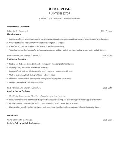 Plant Inspector Resume