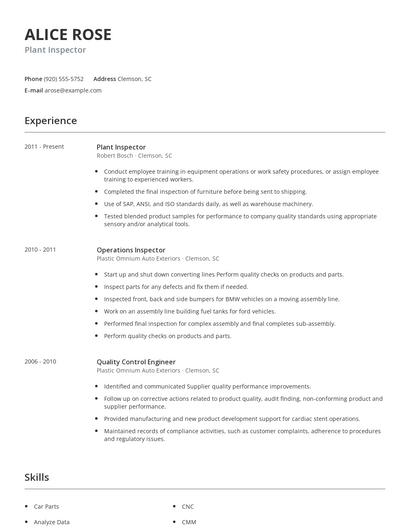 Plant Inspector Resume