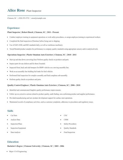 Plant Inspector Resume
