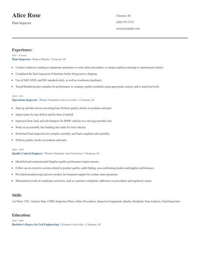 Plant Inspector Resume
