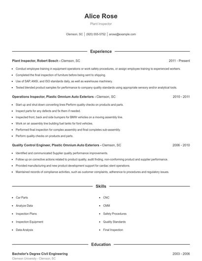 Plant Inspector Resume