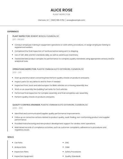 Plant Inspector Resume