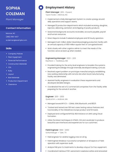Plant Manager Resume