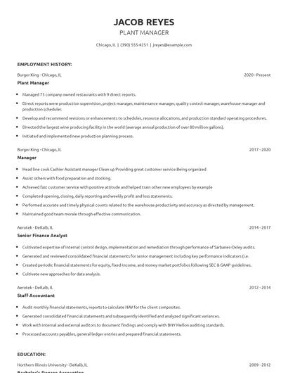Plant Manager Resume