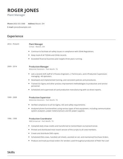 Plant Manager Resume