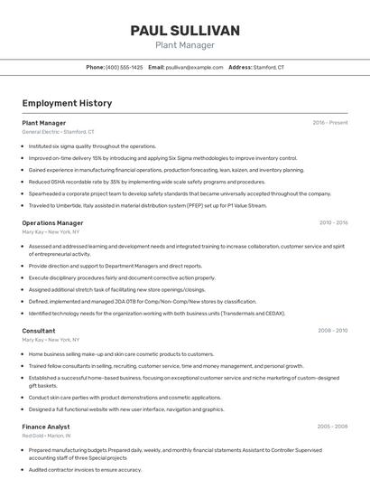 Plant Manager Resume