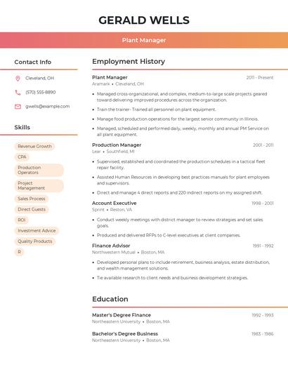 Plant Manager Resume