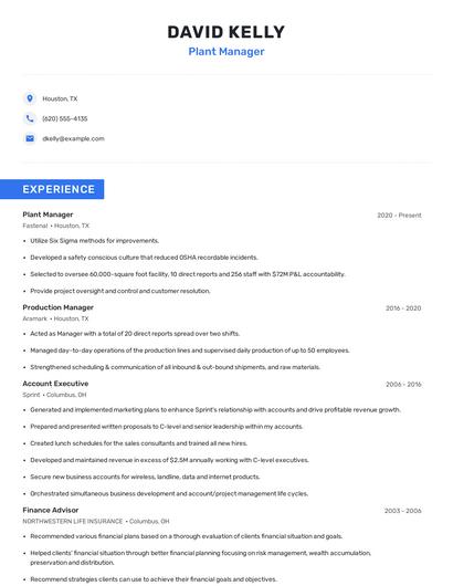 Plant Manager Resume