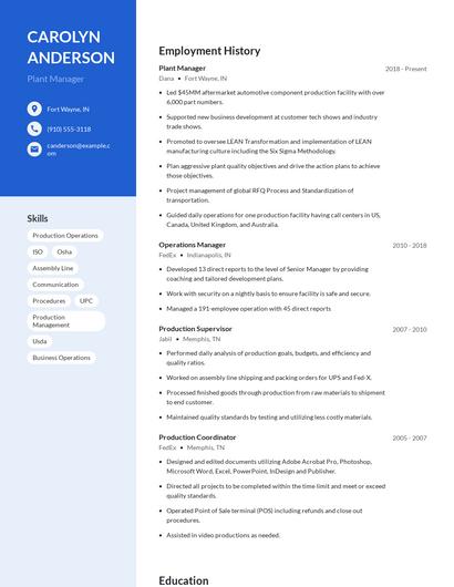 Plant Manager Resume