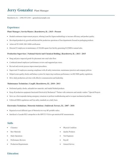 Plant Manager Resume