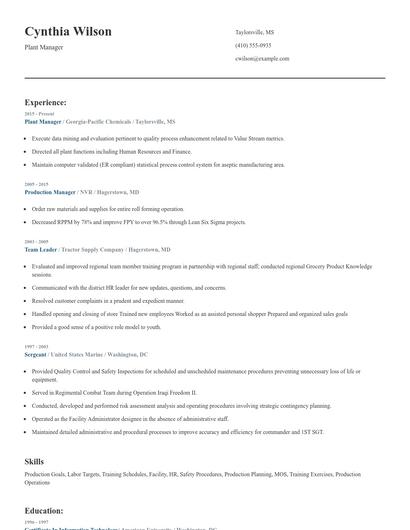 Plant Manager Resume