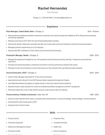 Plant Manager Resume