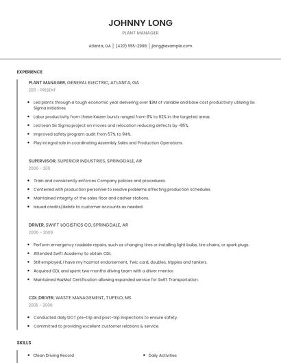 Plant Manager Resume