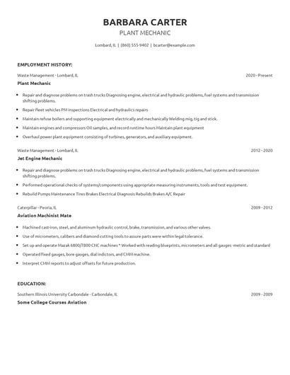 Plant Mechanic Resume